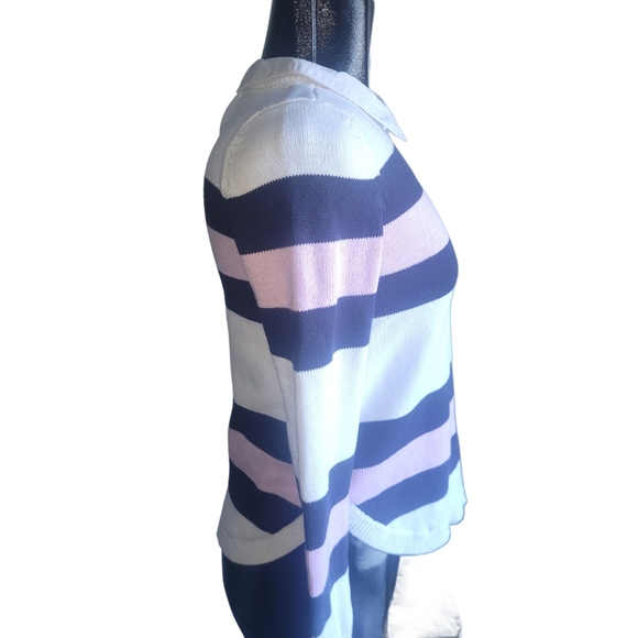 Tommy Hilfiger White, Blue and Pink Striped Collared Knit Sweater S - Picture 4 of 7